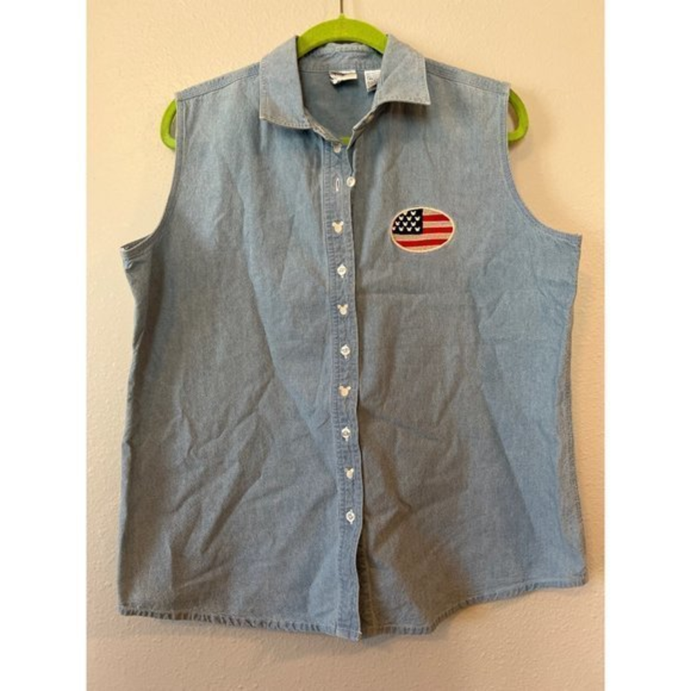 Disney Catalog Chambray Patriotic Sleeveless Mickey Shirt‎ Womens 90's Size XL